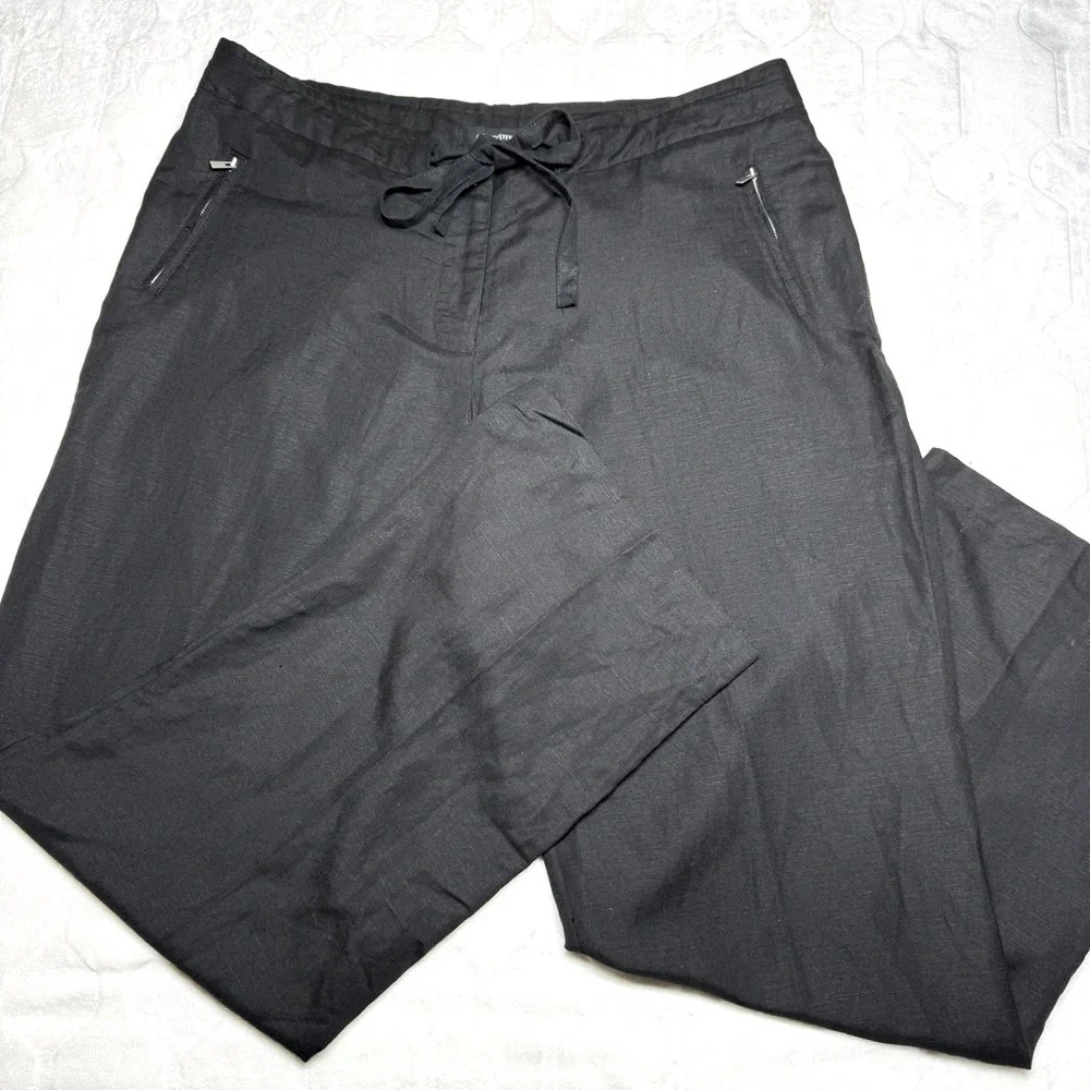 Ashley Stewart Black Breathable Linen Pants Full-Length Belted Loose Fit Size 16